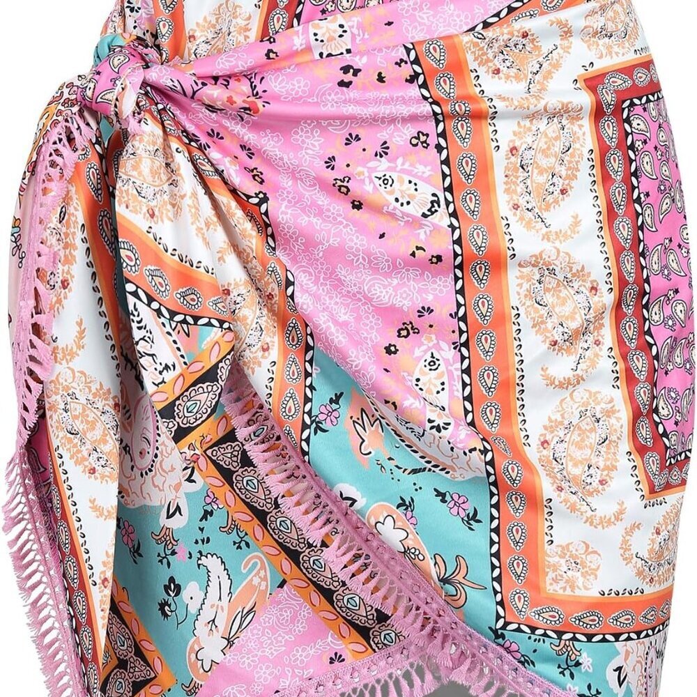 Slit Skirt for Women Boho Print Tie Side Wrap Tassel Casual Beach Mini Skirt
